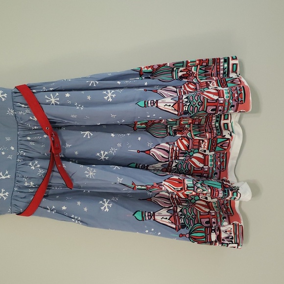 Modcloth Holiday Dress Medium Blue Red White Sleeveless Belt Snowflakes Winter - Picture 3 of 16